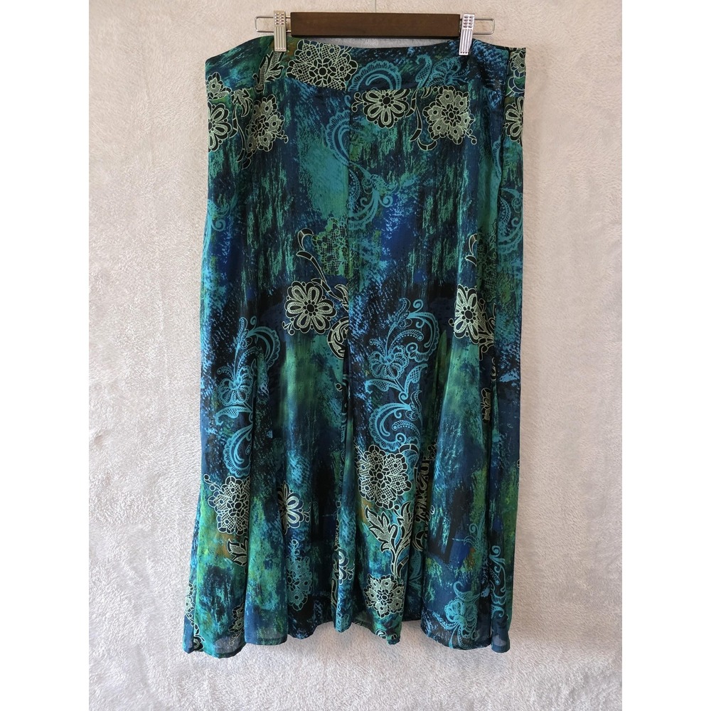 EUC Cato Skirt Women Plus 16 Blue Green Floral Chiffon Flare Maxi Lined Flouncy